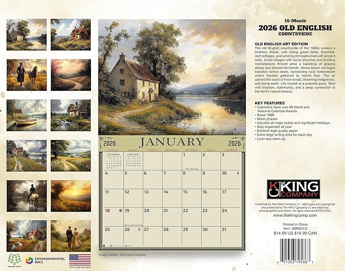 2026 Old English Countryside Wall Calendar 16-Month X-Large Size 14x22, by The KING Company-Monster Calendars