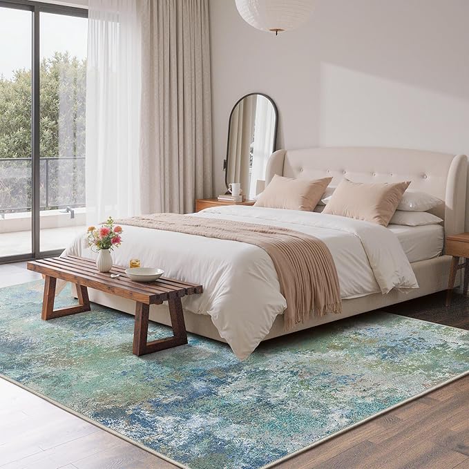 GENIMO Washable Rugs 5x7 Area Rugs for Living Room Bedroom, Modern Lightweight Rug Ultra Soft Indoor Area Rugs 5x7 for Dining Room, Low Pile Carpet with Non Slip Backing, Blue Green