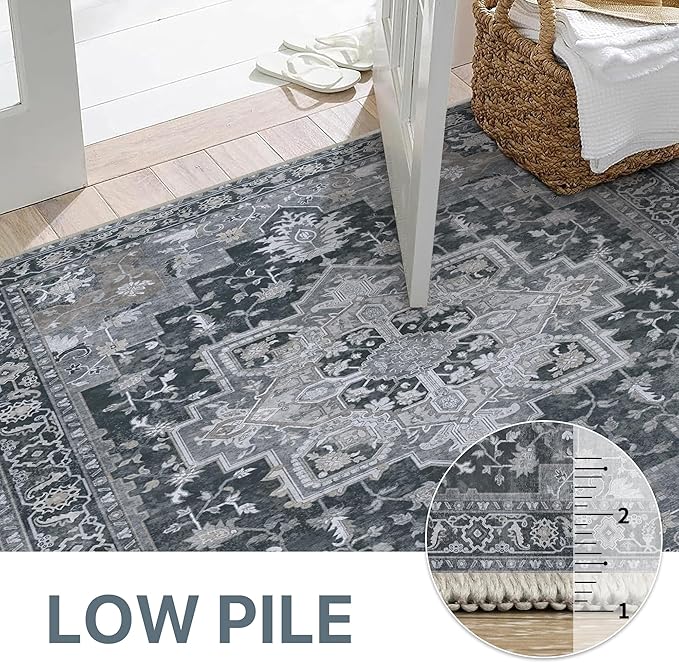 GENIMO 2x5 Runner Rugs for Hallway, Machine Washable Non Slip Vintage Rugs, Low Pile Lightweight Soft Print Rug for enrtyway, Corridor, Home Office, Kitchen,Dark Gray
