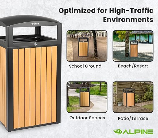 Alpine 40 Gallon Commercial Outdoor Trash Can with Lid - Modern Heavy Duty Large Outdoor Garbage Can with Durable Plastic Bin, Slatted Recycled Plastic Panels for Parks, Trails & Resorts (CD)