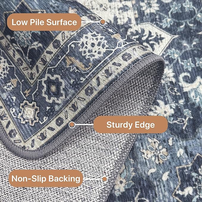 GENIMO 2'6"x8 Runner Rugs for Hallway, Machine Washable Non Slip Vintage Rugs, Low Pile Lightweight Soft Print Rug for enrtyway, Corridor, Home Office, Kitchen, Center Blue