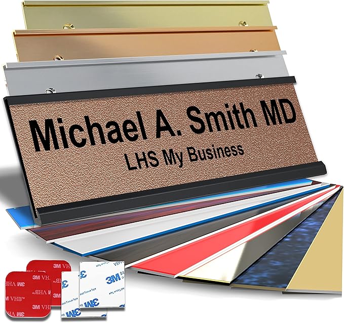 Personalized Name Plate with Choice of Mounting for Walls, Doors, Desk Holders, Cubicles, Hanging and More - Custom Textured Copper Plastic Black Letters - USA Made 2x8 - M2