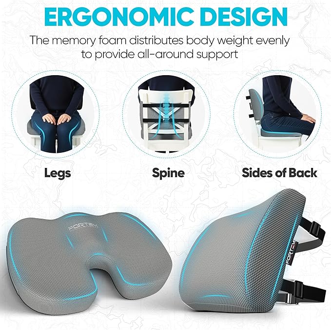 FORTEM Seat Cushion, Office Chair Cushion, Lumbar Support Pillow for Office Chair, Memory Foam Sciatica Coccyx Tailbone Pressure Pain Relief, Car Sitting Pad, Washable Non Slip, XL