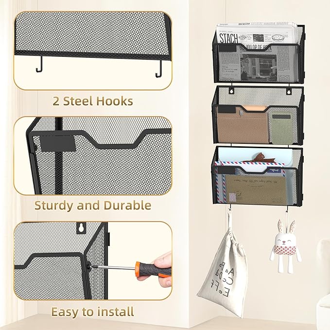 Docnest 6 Pack Hanging Wall File Holders, Mesh Wall Letter File Holder, Wall Mounted Mail Paper Document Folder Holder with Hooks for Office, Home, School, Black