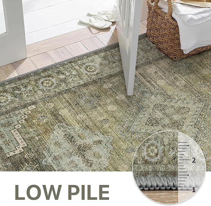 GENIMO Runner Rug 2x5 Non Slip Machine Washable Vintage Hallway Runner Rugs, Low Pile Lightweight Mat for Living Room, Entryway, Bedroom, Kitchen and Corridor, Distressed Sage