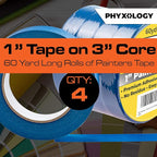 No-Residue 1 Inch, 60 Yard Blue Painters Tape 4 Pk. Easy-Tear, Pro-Grade Removable Masking Tape Great for Home, Office, Commercial Contractor. Clean, Drip-Free Painting with Wide Crepe Paper Rolls