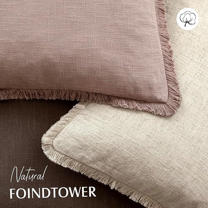 Foindtower Set of 2 Decorative Linen Fringe Lumbar Throw Pillow Covers Farmhouse Cushion Cover with Tassels Soft Accent Pillowcase for Couch Sofa Bed Living Room Home Decor,12×20 Inch,Dusty Pink