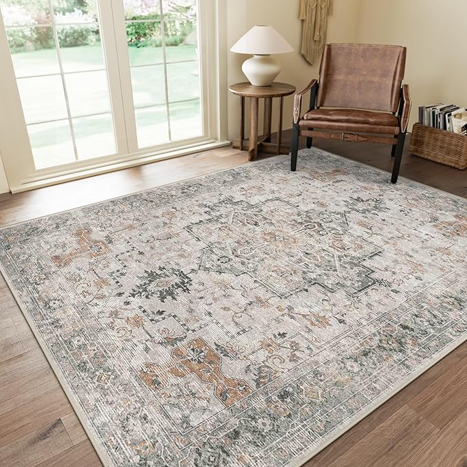 GENIMO 10x13 Area Rugs for Living Room, Non Slip Machine Washable Vintage Rugs, Low Pile Lightweight Chenille Print Large Rug for Bedroom, Dining Room, Home Office, Light Taupe Brown