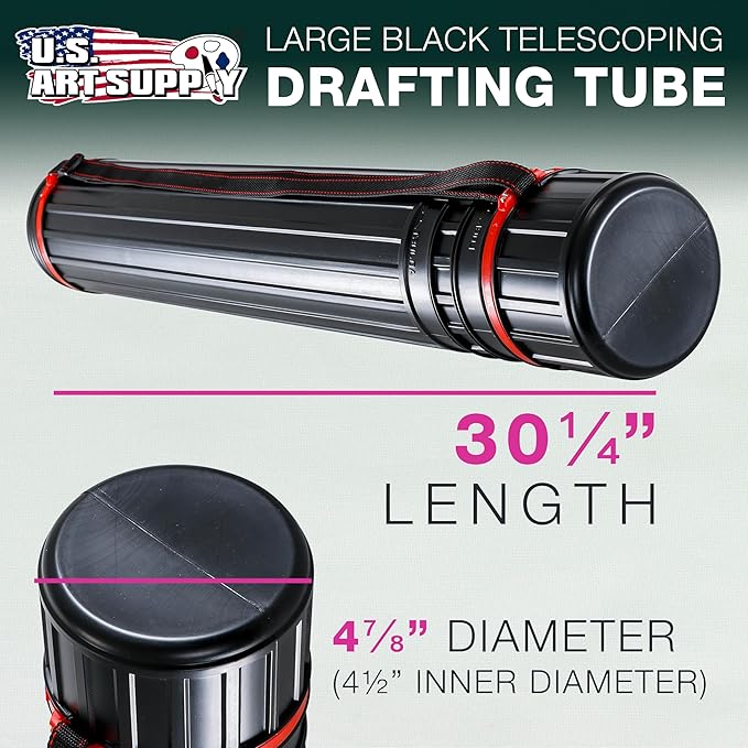 U.S. Art Supply Large Poster Tube - Telescoping Adjustable 30-1/4" to 47-3/4" - Durable 4-7/8" Diameter Storage Tube - Art Poster Carrier Holder & Blueprint Storage Drafting Tube Travel & Protection