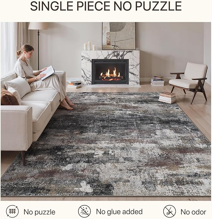 GENIMO No Crease Non Slip 8x10 Area Rugs for Living Room, Craft Woven Modern Abstract Rug, Soft Floor Carpet, Single-Piece Rugs for Bedroom, Dining Room, Office, Dark Gray Brown