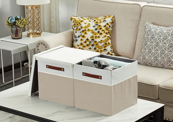 DECOMOMO Storage Basket with Lid, Storage Cubes with Handles, Fabric Box with Lid (Beige and White, 11” / 3 Pack)