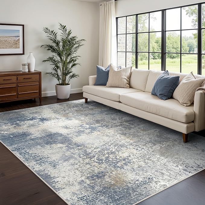 GENIMO Washable Area Rugs for Living Room, 8x10 Modern Non Slip Rugs, Low Pile Lightweight Soft Print Rug for Bedroom, Dining Room, Home Office,Washed Sky Blue