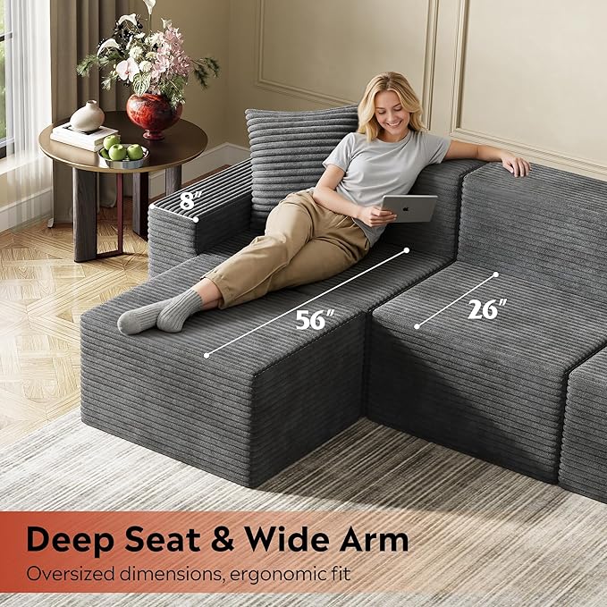 WLIVE 110'' Boneless Couch for Living Room, Modular Sectional Sofa, Cloud Memory Foam Couch L Shape with Chaise, Grey