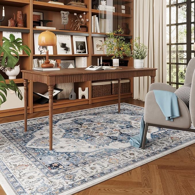 Rugcomf Vintage Medallion 3'x5' Washable Rug - Non-Slip Low Pile Area Rug, Small Boho Carpet for Bedroom, Bedside, Kitchen, Entryway, Kids/Girls Room, Office - Blue