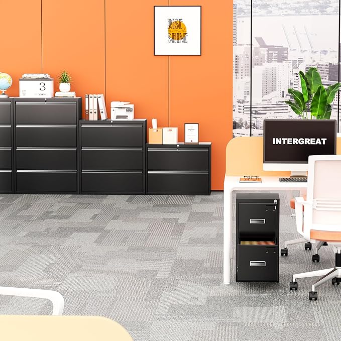 INTERGREAT 3-Drawer Black Lateral File Cabinet, Locking Metal Lateral Filing Cabinets with Lock, 28" W Horizontal Storage Cabinet with Adjustable Shelves for Home & Office
