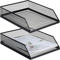 Hicarer 2 Pcs Black Metal Letter Tray Stackable Desk Tray Single Wire Mesh Organizer Front Load File Paper Holder for Desktop Office Home School Classroom (12.8 x 9.84 Inch)