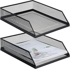 Hicarer 2 Pcs Black Metal Letter Tray Stackable Desk Tray Single Wire Mesh Organizer Front Load File Paper Holder for Desktop Office Home School Classroom (12.8 x 9.84 Inch)
