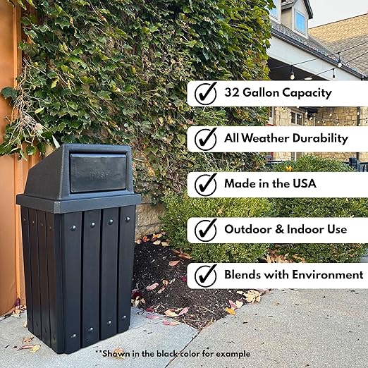 Sturdy Essentials Campus Collection 32 Gallon Square Slatted 100% Recycled Plastic Heavy-Duty Commercial Outdoor or Indoor Trash Can with Push Top Lid | Great for Schools and Businesses - Blue