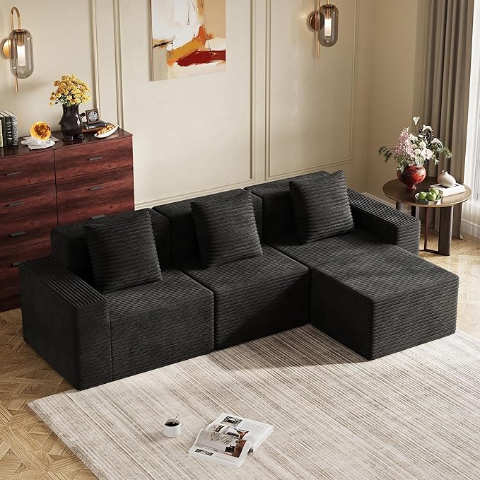 WLIVE 110'' Boneless Couch for Living Room, Modular Sectional Sofa, Cloud Memory Foam Couch L Shape with Chaise, Black