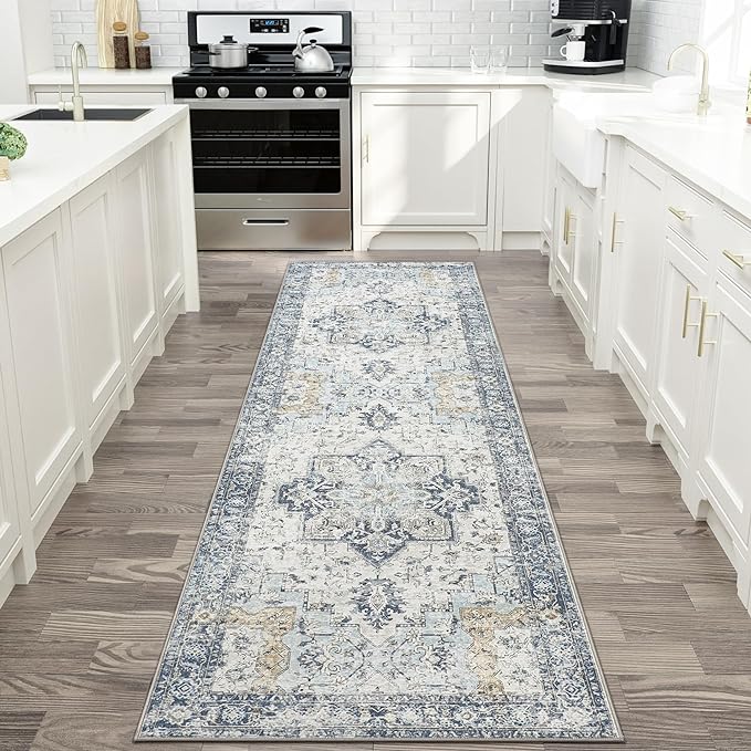 GENIMO Runner Rug 2'6"x7, Non Slip Vintage Hallway Runner Rugs, Low Pile Lightweight Machine Washable Mat for Hallway, Entryway, Bedroom, Kitchen and Corridor, Blue
