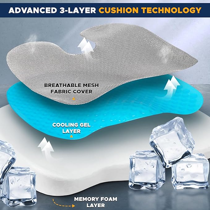 EcoNour Gel Seat Cushion for Tailbone Pain Relief | Computer Chair Cushion for Back Pain | Office Chair Gel Cushion for Coccyx | Ergonomic Anti-Slip Cushion for Sciatica & Lower Back Pain (Gray)