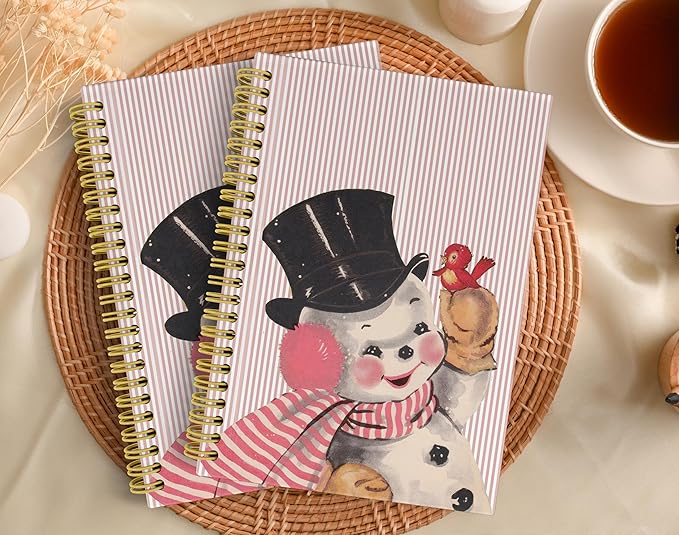 Knibeo Vintage Pink Christmas Snowman Notebook - Snowman Christmas Notebook, Pink Notebook, Merry Christmas Notebook, 5.5×8.3 Lined Paper Spiral Bound Notebook with 164 Pages