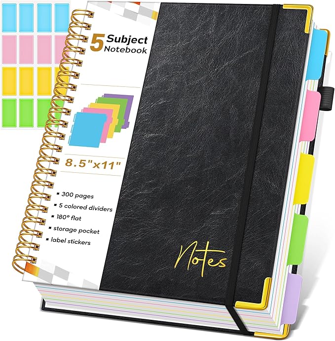 Spiral Notebook Journal with Removable Dividers Tabs, 300 Pages Hardcover Leather 5 Subject College Ruled Notebook, 8.5"x11" Large A4 Lined Journal for Women Men, Spiral Notebook for Work School,Black