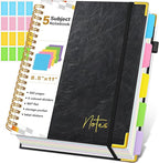 Spiral Notebook Journal with Removable Dividers Tabs, 300 Pages Hardcover Leather 5 Subject College Ruled Notebook, 8.5"x11" Large A4 Lined Journal for Women Men, Spiral Notebook for Work School,Black