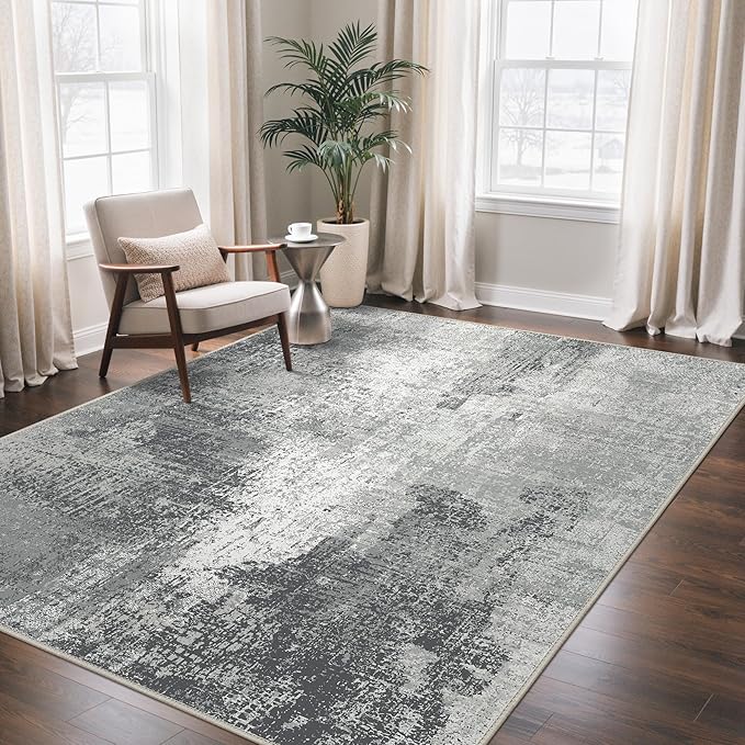 GENIMO Washable Area Rugs for Living Room, 8x10 Modern Non Slip Rugs, Low Pile Lightweight Soft Print Rug for Bedroom, Dining Room, Home Office, Washed Ink Grey White