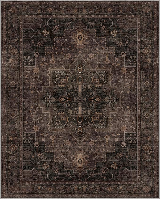GENIMO 8x10 Area Rugs for Living Room, Machine Washable Rug, Non Slip Indoor Vintage Rug, Low Pile Lightweight Chenille Print Carpet for Bedroom Dining Room Home Office, Charcoal Brown