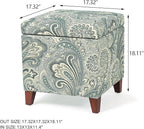 Adeco 18 Inch High Cube Ottoman Storage, Paisley Linen Chair Foot Stools, Upholstered Vanity Stool with Hinged Lid, Solid Wood Legs