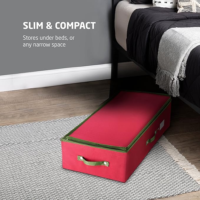 ZOBER Underbed Christmas Ornament Storage Box - Stores 120 3" Ornaments, With Dividers - Tear Proof 600D Oxford Fabric, Ornament Organizer Storage Box, Durable Christmas Containers Holder - Red
