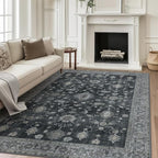 GENIMO Machine Washable 9x12 Area Rugs for Living Room, Non Slip Vintage Rugs, Low Pile Lightweight Chenille Print Rug for Bedroom, Dining Room, Home Office, Charcoal