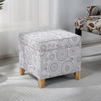 Adeco 17" Square Ottoman with Storage, Small Mandala-Persian Flower Pattern Storage Ottoman Foot Rest with Hinged Lid & Solid Wood Legs, Linen Fabric Foot Stool for Living Room & Bedroom