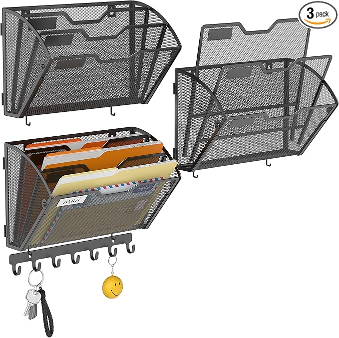 Docnest 3 Tier Mesh Wall File Holders with Hooks – 3 Pack Hanging Letter Holder - Document Organizer for Mail, Paper, Office, Home, School – Space-Saving Wall Mounted Folder Holder – Black