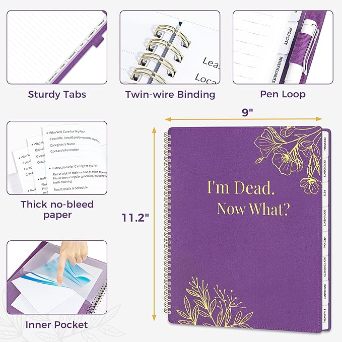SUNEE End of Life Planner - I'm Dead Now What Planner for Seniors & Family Legacy, Large Print Spiral-Bound Estate Planning Organizer with Tabs - Final Wishes, Passwords & Funeral Planning, A4, Purple