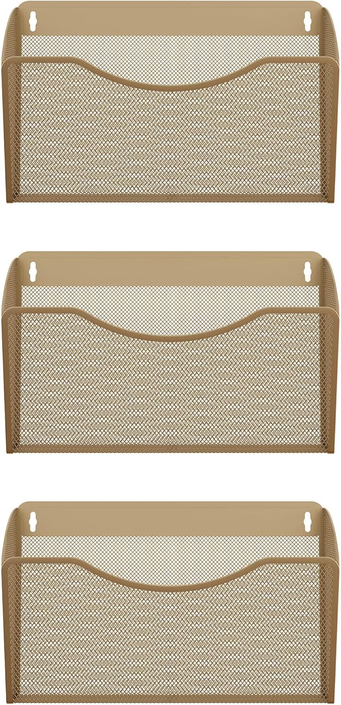 EasyPAG 3 Single Pocket Wall File Organizer, Mesh Hanging File Folder Organizer for Letter/A4 Size Folders, Wall Mounted Vertical Mail Holder for Paperwork, Office, Home, School, Gold