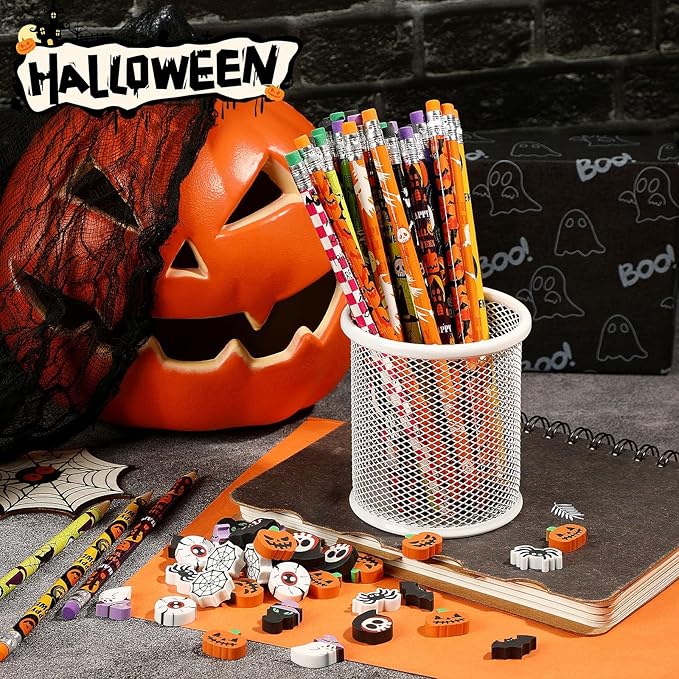 JULMELON 72PCS Halloween Party Favors Set,36PCS Halloween Pencils with 36PCS Ghost Pumpkin Skeleton Bat Spider Erasers, Wooden Pencils for School Classroom Office Party Reward Supplies