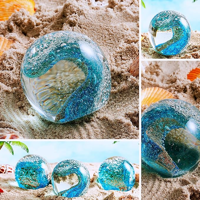 EUSTUMA Hand Blown Glass Figurines Ball Ocean Waves,Paperweight Glass Ball,Home Decor Collectible,Aquarium Decor,Office Decor Ocean Lovers