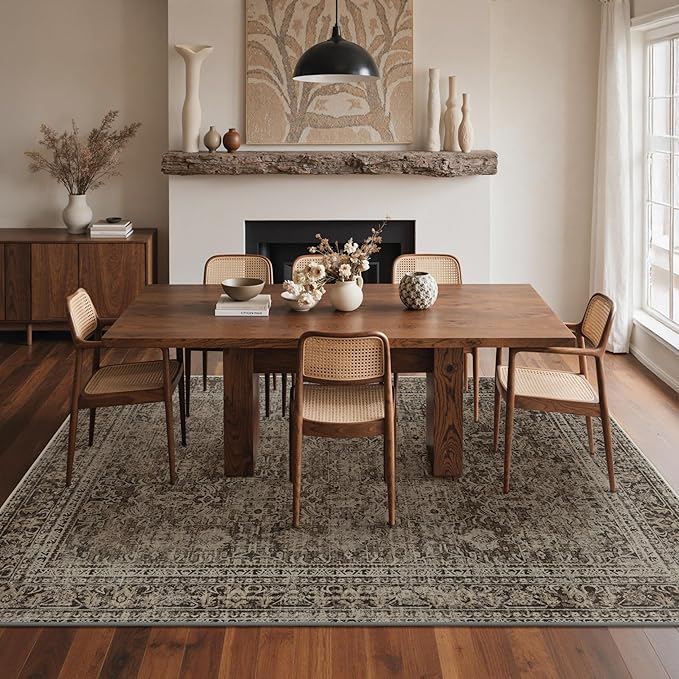 GENIMO 8x10 Area Rug Machine Washable Boho Rug for Living Room,Ultra-Thin Low Pile Carpet,Lightweight Indoor Printed Rug,Non Slip Floral Area Rug for Bedroom, Dining Room, Home Office,Brownish Green