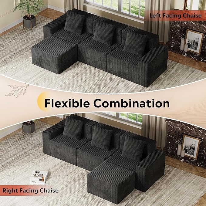 WLIVE 110'' Boneless Couch for Living Room, Modular Sectional Sofa, Cloud Memory Foam Couch L Shape with Chaise, Black