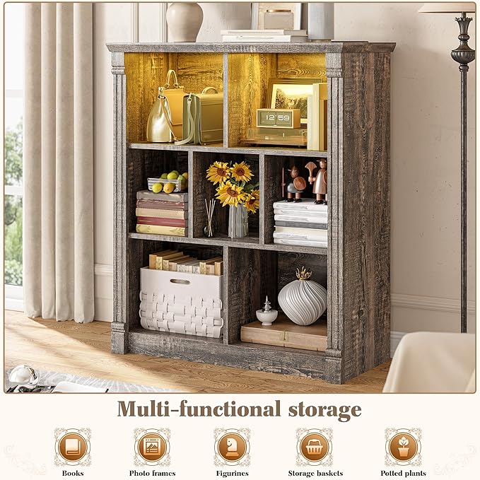 EnHomee 7 Cube Bookshelf Cubby Storage Organizer with LED Lights and Charging Station, Wood Shelf Display Cabinet for Bedroom, Living Room, Office Black Oak