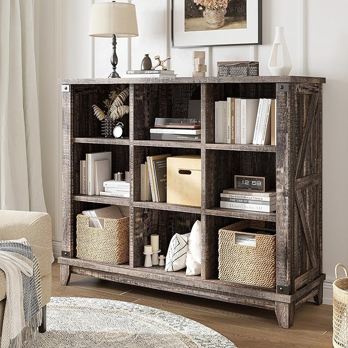 EnHomee 9 Cube Storage Organizer and Shelves, Cubby Storage Organizer, Bookshelves with Storage for Home and Bedroom, Black Oak