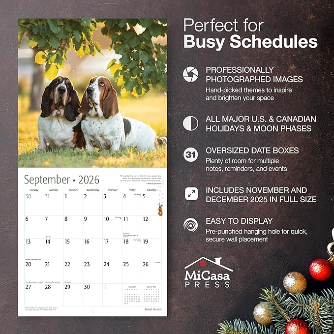 MICASA PRESS Basset Hounds 2026 Wall Calendar 12 Month | 12" x 24" Open | Thick & Sturdy Paper | Holiday Gift | Cute Puppy Dog Calendar 2026