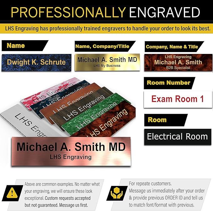 Engraved Door Signs for Office Personalized Black Plastic Door Plaque Gold Letters - Made in USA 2x12 B3