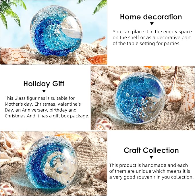 EUSTUMA Hand Blown Glass Figurines Ball Ocean Waves,Paperweight Glass Ball,Home Decor Collectible,Aquarium Decor,Office Decor Ocean Lovers (Ocean Waves)