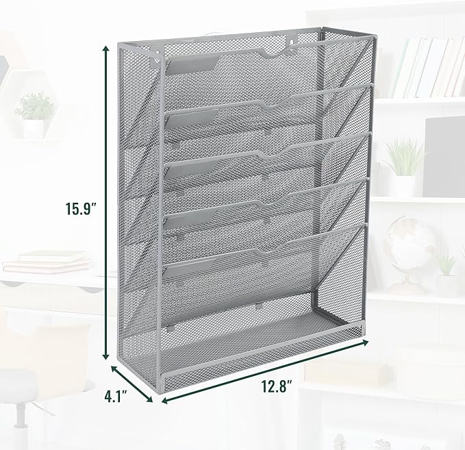 EASEPRES 6 Tier Mesh Hanging Wall File Organizer, Desk Vertical Mail Paper Document Folder Holder Rack with Bottom Tray and Nametag Label for Office Home School, Gray