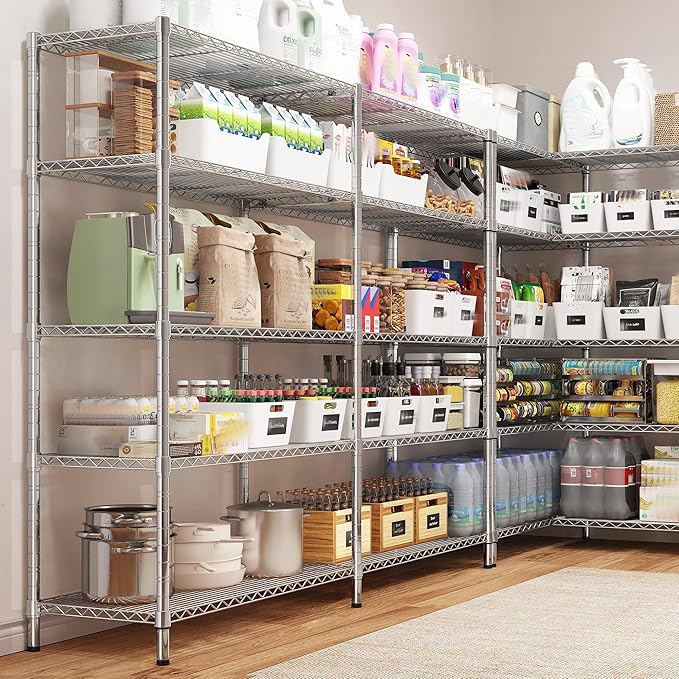 REIBII 58" W Storage Shelves Wire Shelving 1400LB Metal Shelves for 5 Tier Shelving Unit with Shelf Adjustable Garage Shelving Rack for Pantry Kitchen Garage, 58" W x 59" H x 13.8" D, Chrome
