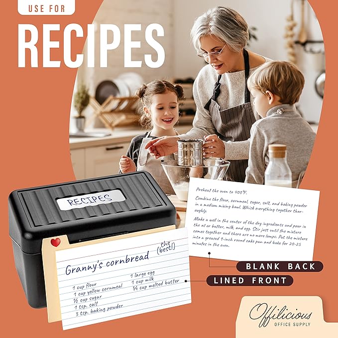 OFFILICIOUS Black Index Card Holder 4x6 - Index Card Box With Index Dividers, Ruled Cards & Stickers - Recipe & Flash Card Holder Box Organizer