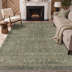 GENIMO 9x12 Area Rugs for Living Room, Machine Washable Non Slip Vintage Rugs, Low Pile Lightweight Chenille Print Rug for Bedroom, Dining Room, Home Office, Muted Green